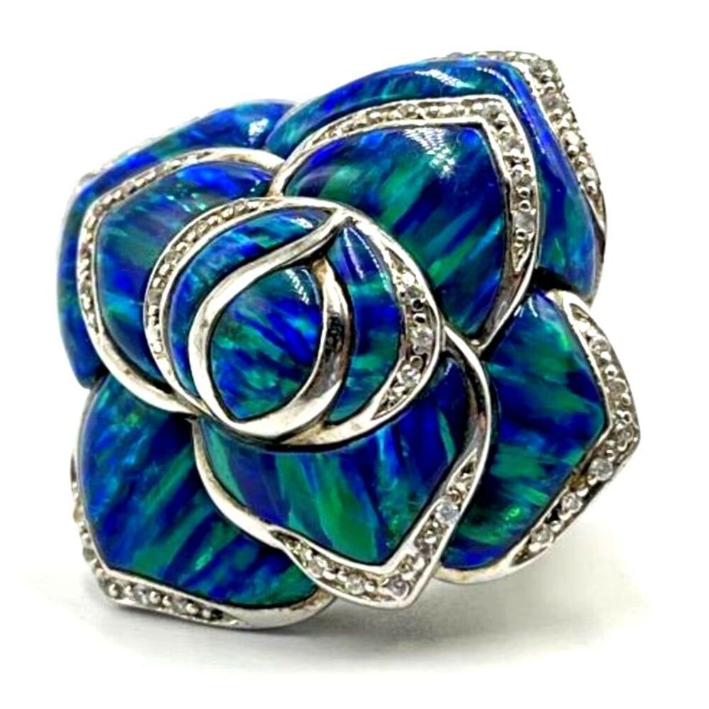 Gilson Opal Blue Flower Ring Sterling Silver size 8